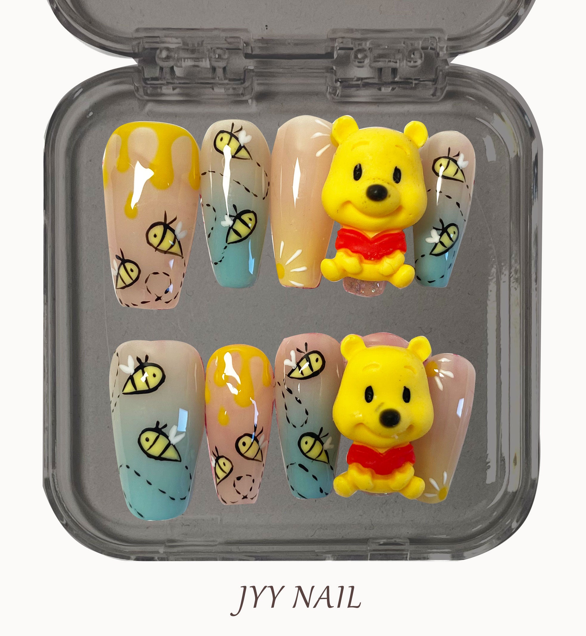 A117 Osito de peluche: oso tridimensional amarillo, arte de uñas hecho a mano puro