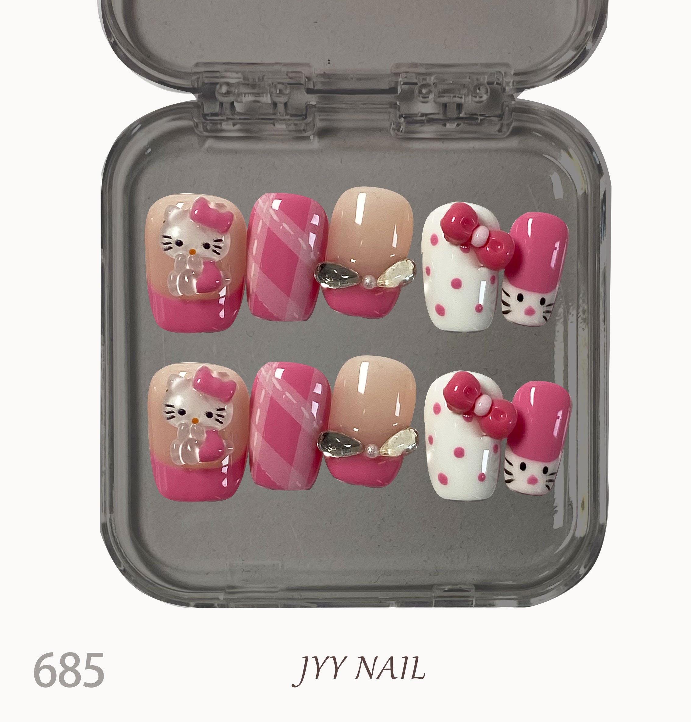 A685Pink HelloKitty:Hand-painted 3D stereoscopic Pink HelloKitty nails