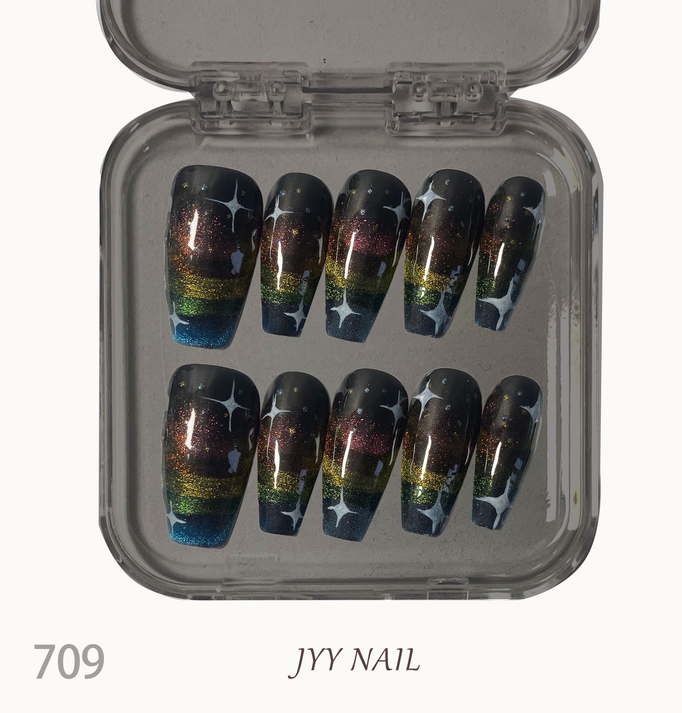 A709Black rainbow：Hand-painted nails with black rainbow stars