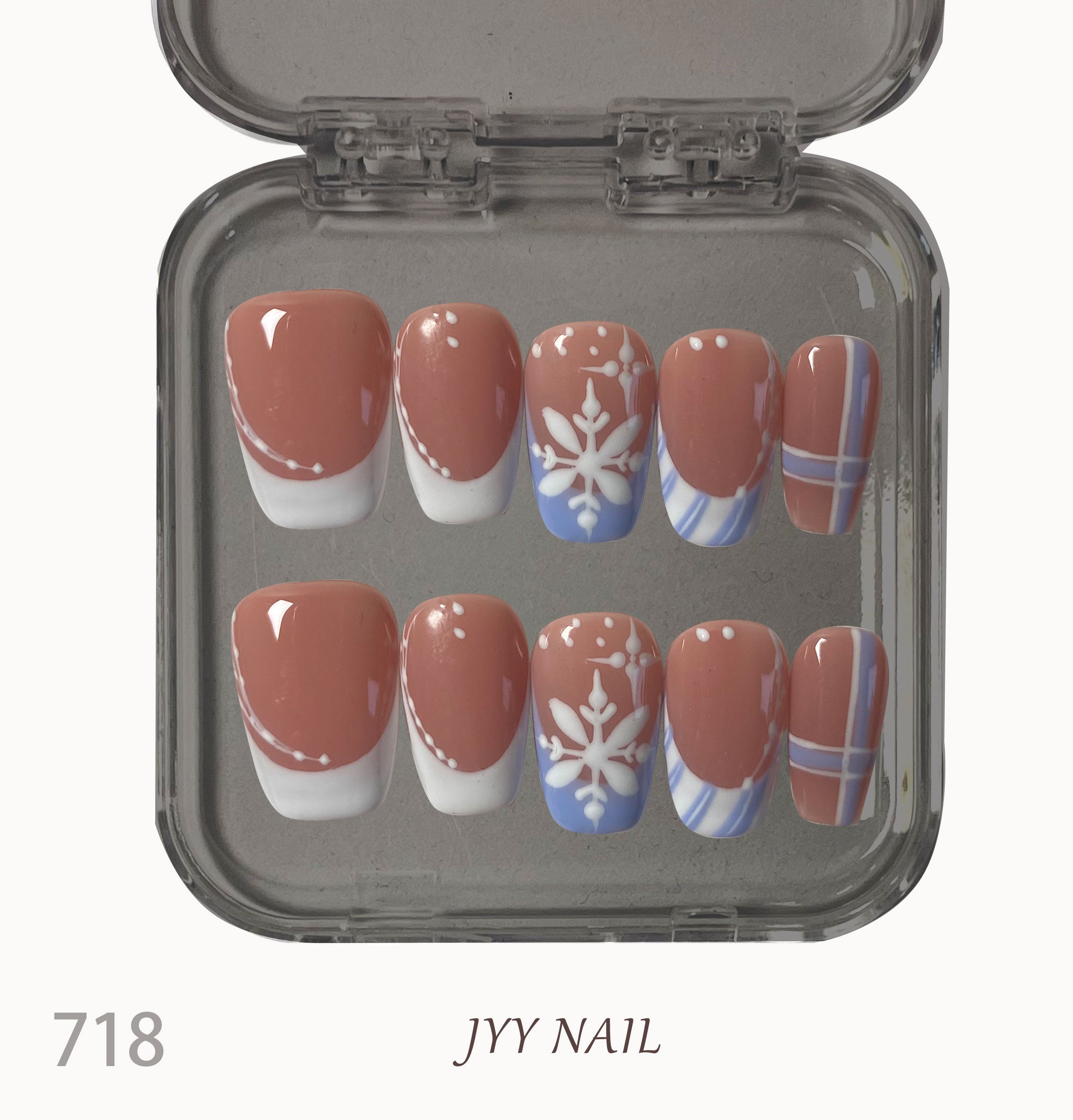 A718French snowflake：Pure hand-painted French snowflake nails