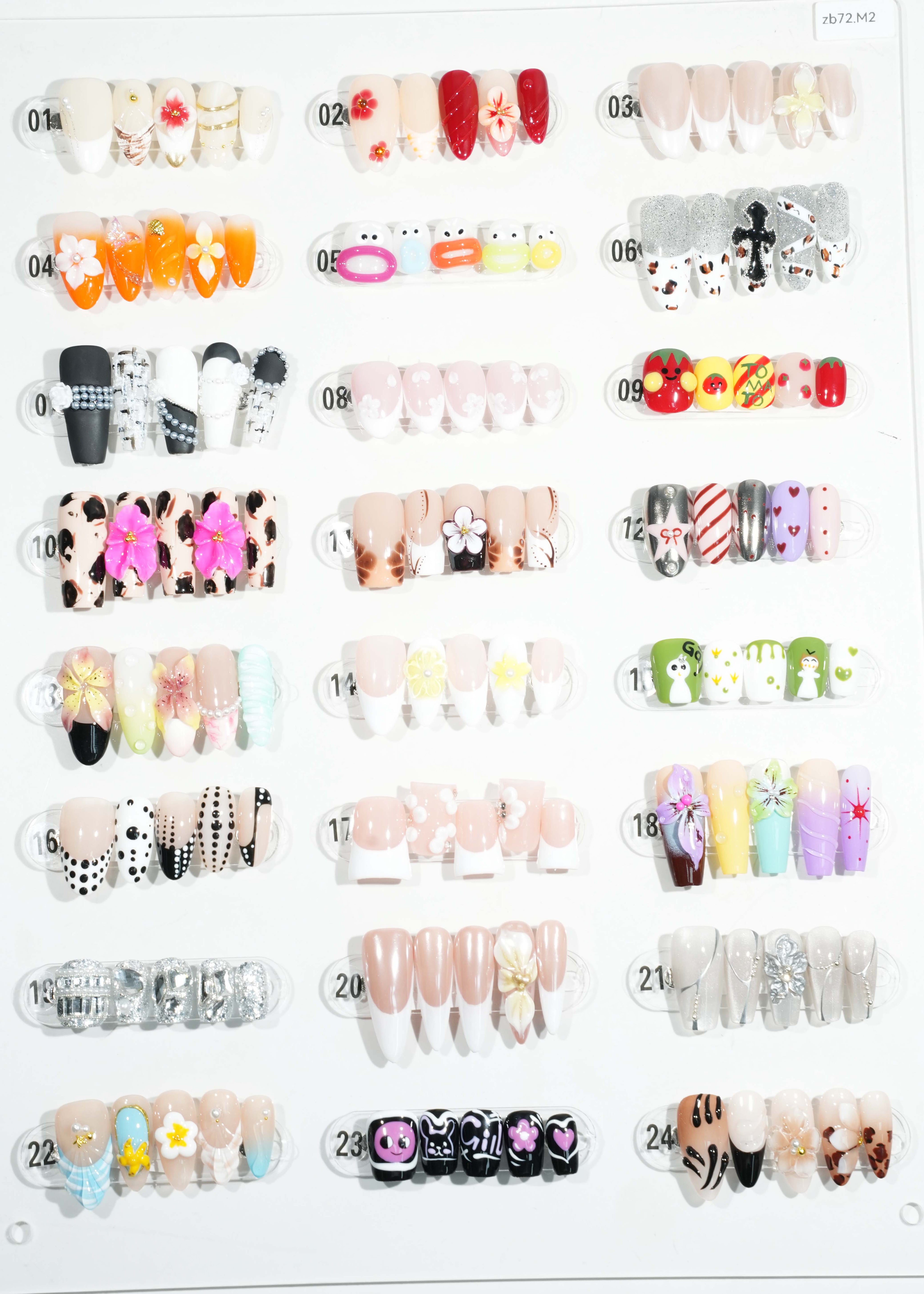 zb72..A display board featuring 24 beautiful and distinct styles of nail art.