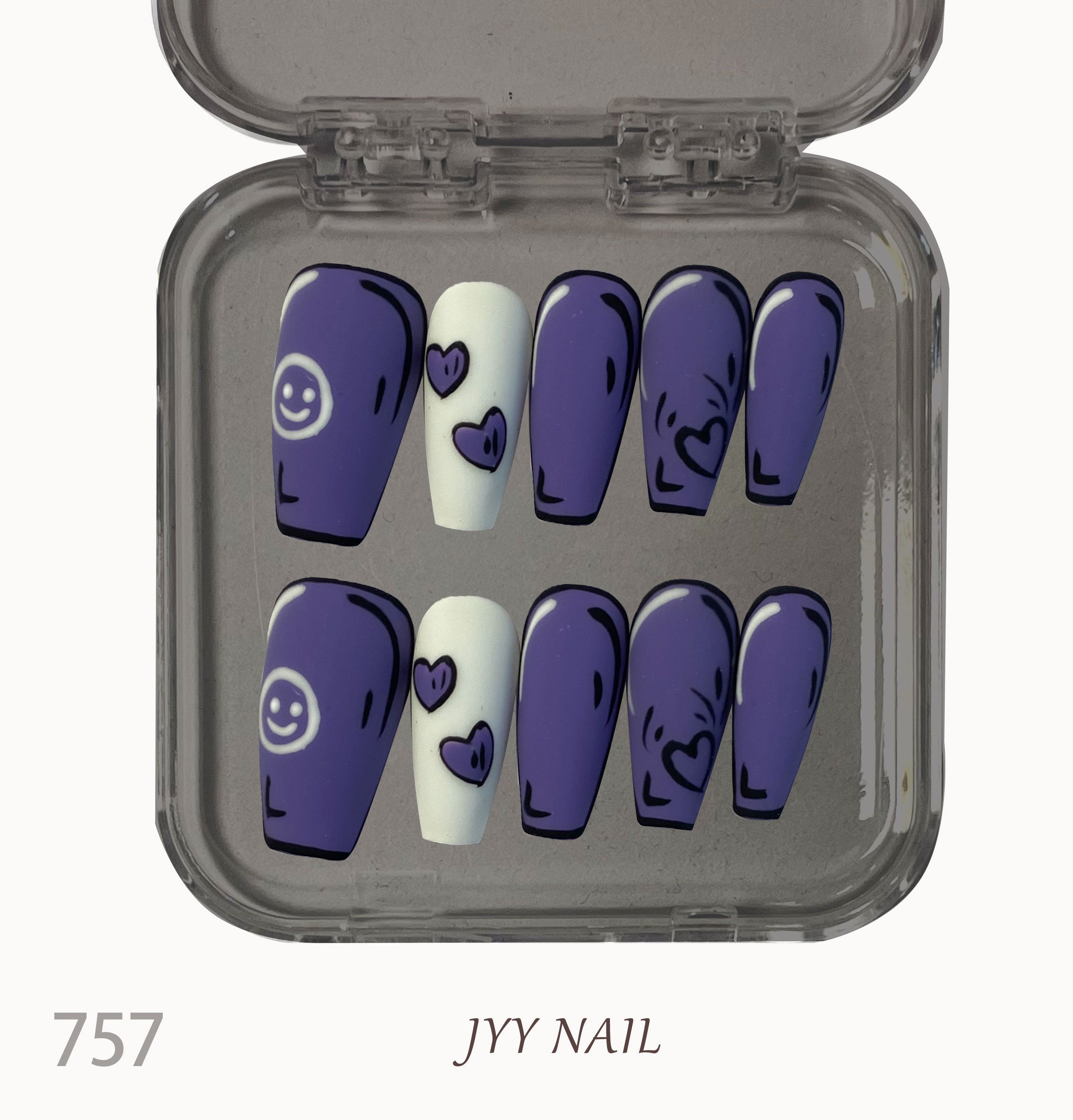 A757Purple heart smiling face:Pure hand painted heart smiley nails