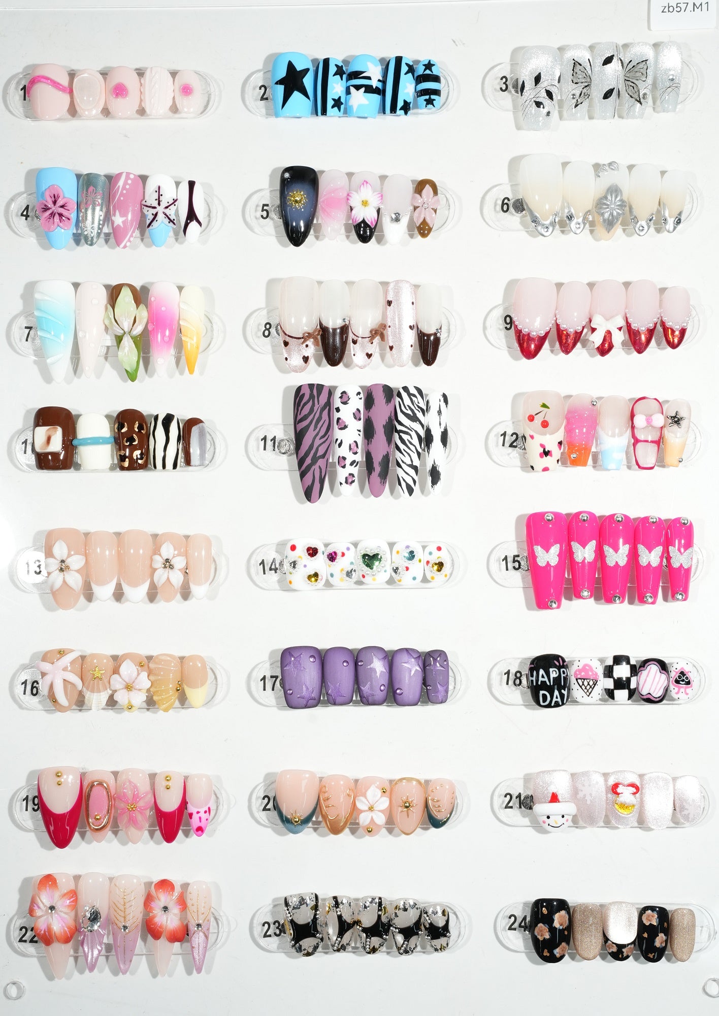 zb57.. A beautiful display board featuring 24 different popular styles of wearable nail art.